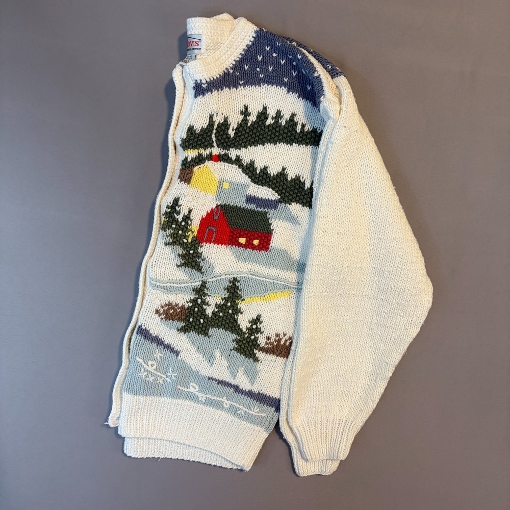 Vintage Winter Town Orvis 3D Cardigan 90s Embroidered Snow Ski Village Sweater L - Picture 5 of 7
